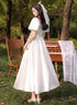 White Satin A-line Short Sleeves Party Dress with Bow, White Satin Formal Dress